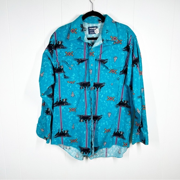 VTG Wrangler Blue Cowboy Cut Regular Fit Aztec Print Western X Long Tails 17 1/2 - Picture 1 of 8